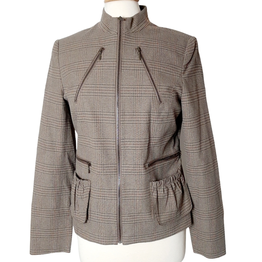 NWT DONCASTER Tan Cotton Plaid Zip Front Preppy Riding Equestrian Jacket Sz 10